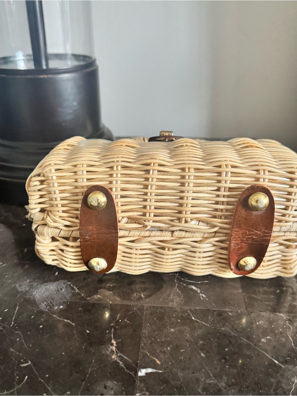 Vintage 1960s coated wicker rattan leather brass handbag purse - Picture 2 of 6